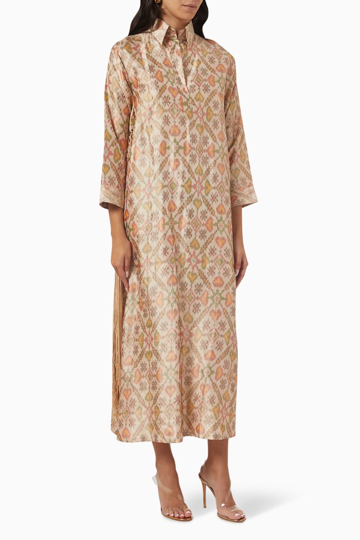 

Fringed Shirt Dress in Silk, Neutral