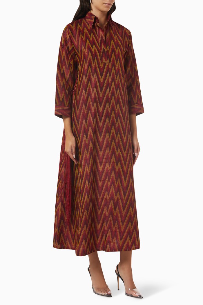Fringed Shirt Dress in Silk, Red