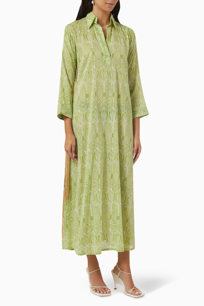 

Fringed Shirt Dress in Silk, Green