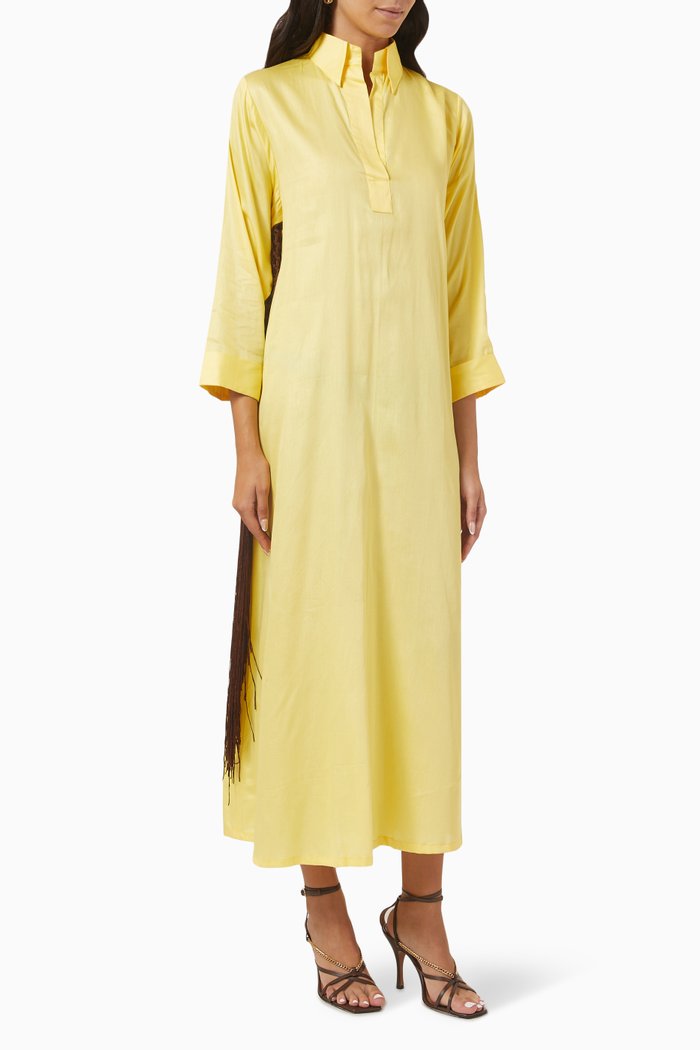

Fringed Shirt Dress in Silk, Yellow