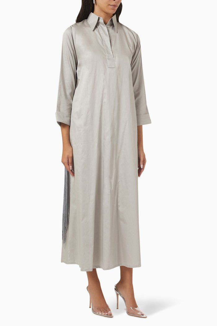 

Fringed Shirt Dress in Silk, Grey