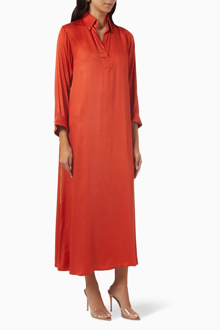 

Fringed Shirt Dress in Silk, Orange