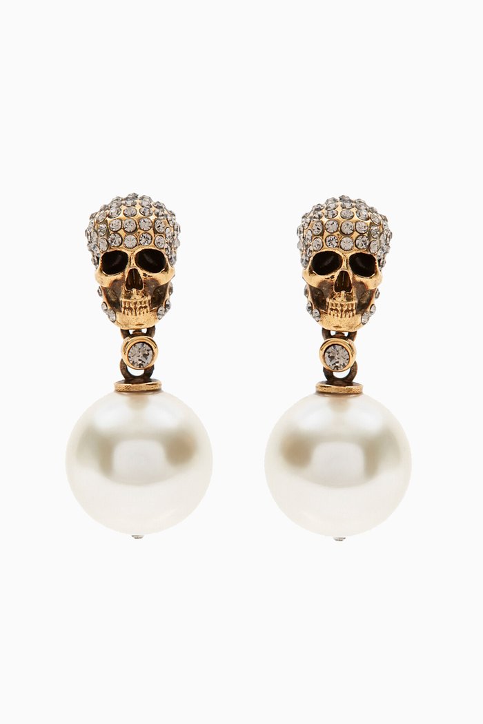 Skull Pavé Pearl Drop Earrings in Brass, Brown