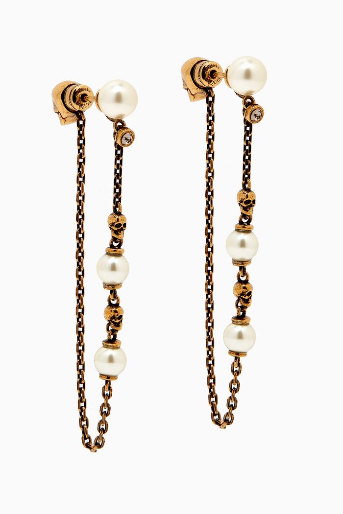 

Pearl Skull Drop Chain Earrings in Brass, Brown