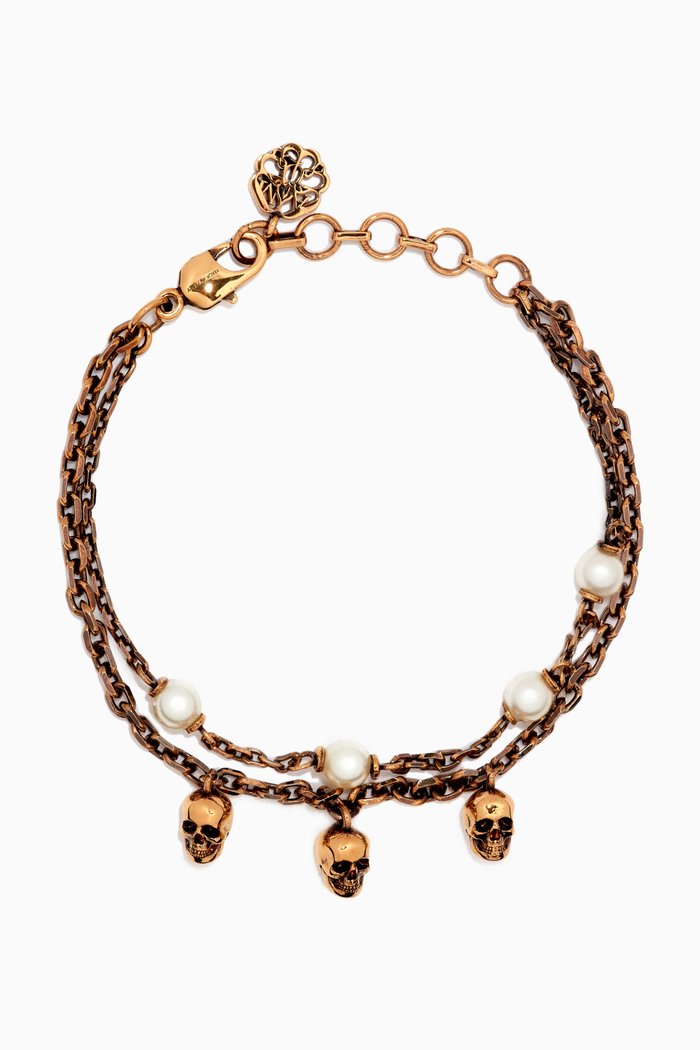 

Pearl Skull Chain Bracelet in Antique Gold, Brown