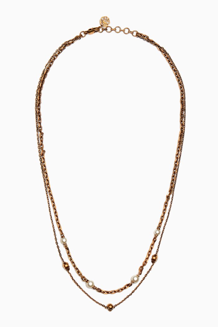 

Skull Pearl Necklace in Brass, Brown