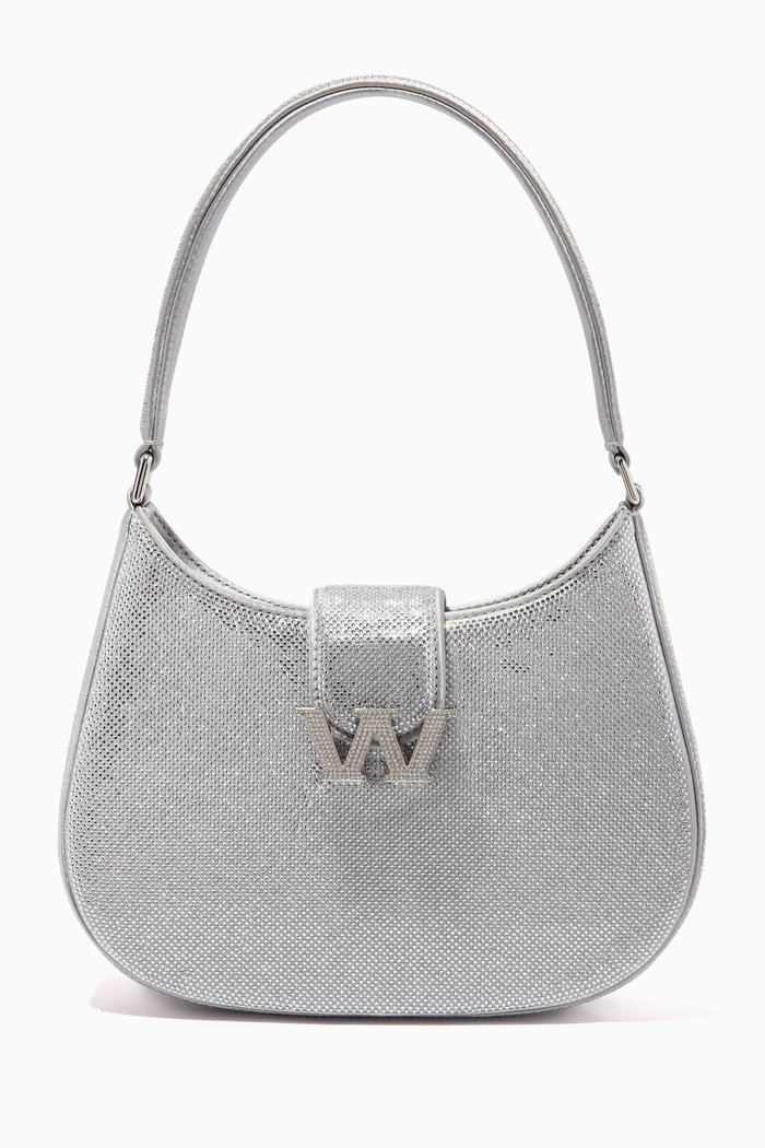 Small W Legacy Hobo Shoulder Bag in Crystal Satin, Silver