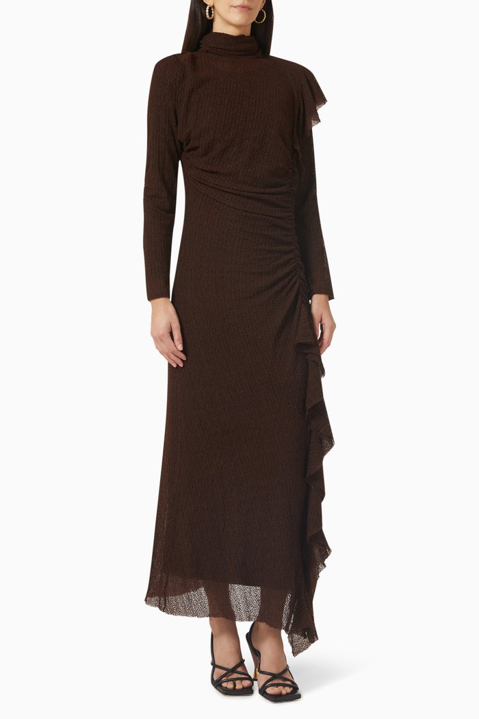 

Ruffled-trim Maxi Dress in Ribbed-knit, Brown