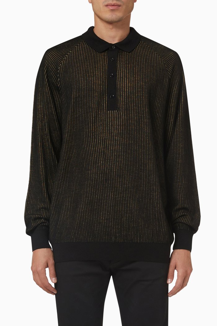 

Ribbed Polo Sweater in Wool Blend, Gold