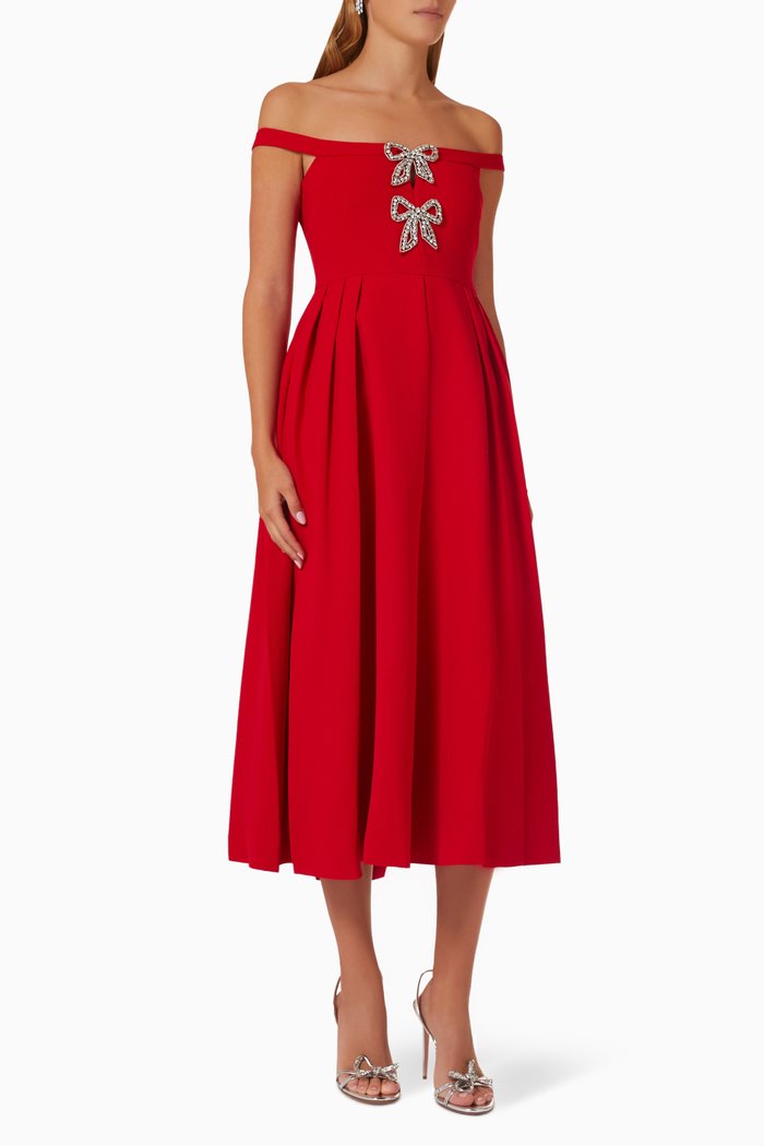 Bow Midi Dress in Crepe, Red