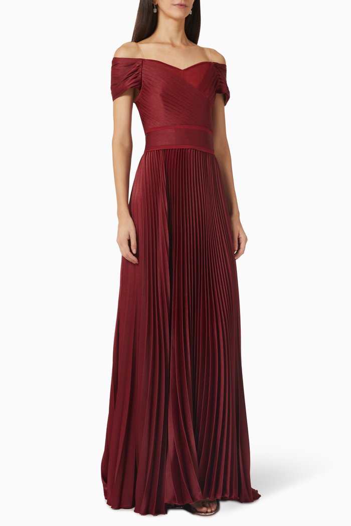

Off-shoulder Pleated Maxi Dress in Crêpe, Red