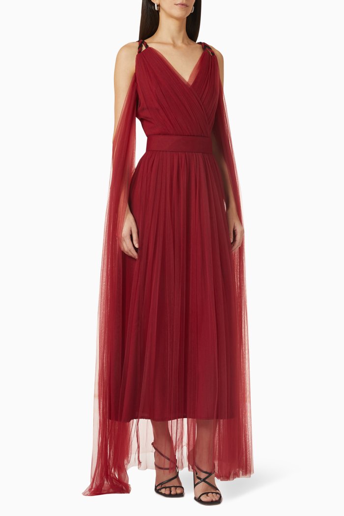 

Pleated V-neck Midi Dress in Tulle, Red
