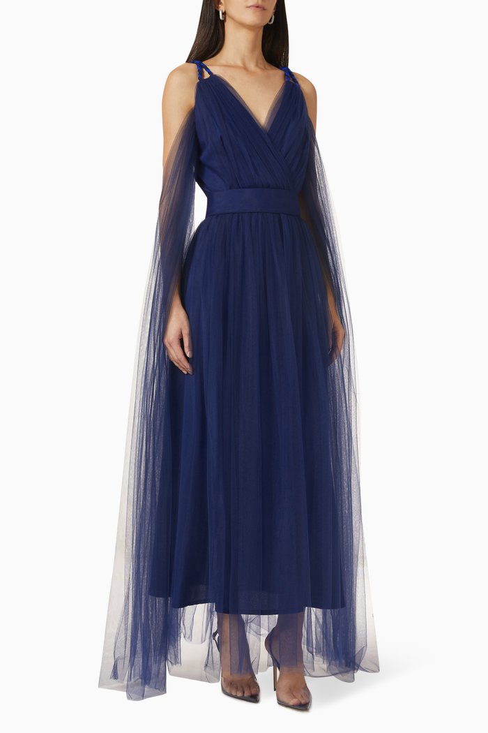 

Pleated V-neck Midi Dress in Tulle, Blue