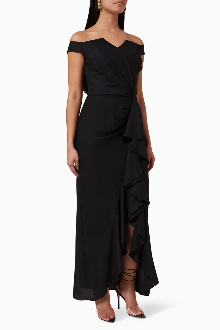 Off-shoulder Draped Maxi Dress, Black