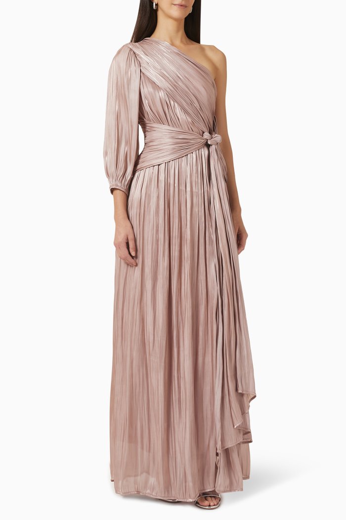 

Metallic One-shoulder Pleated Maxi Dress, Neutral