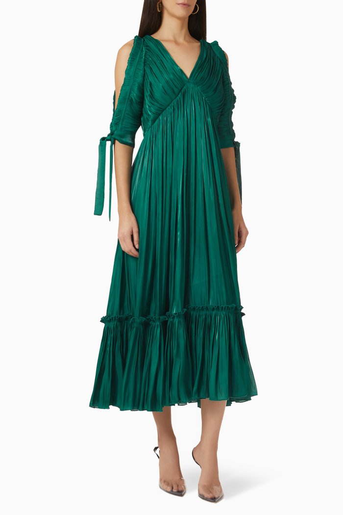 

V-neck Pleated Midi Dress, Green