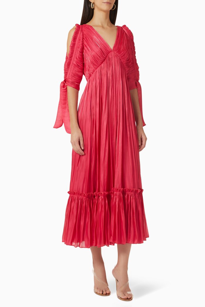 

V-neck Pleated Midi Dress, Pink