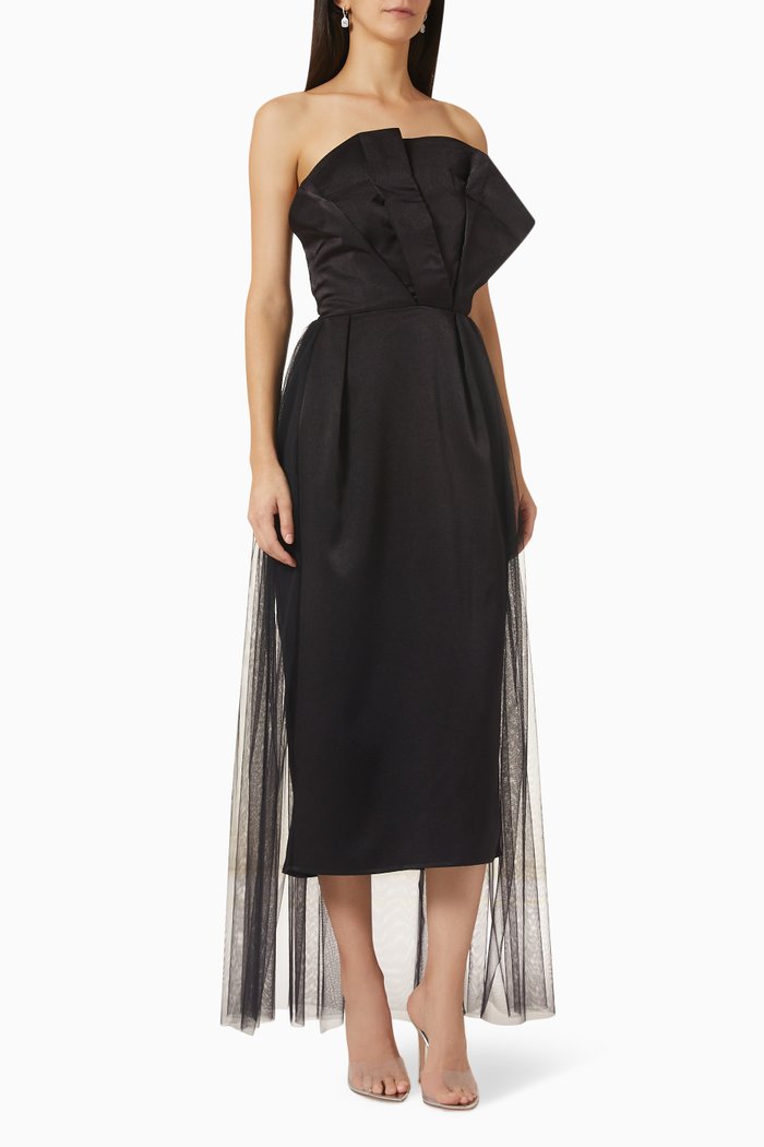 

Strapless Ruffled Midi Dress in Crêpe & Tulle, Black