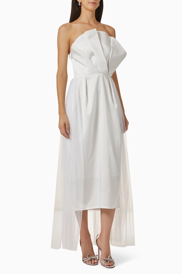 

Strapless Ruffled Midi Dress in Crêpe & Tulle, White