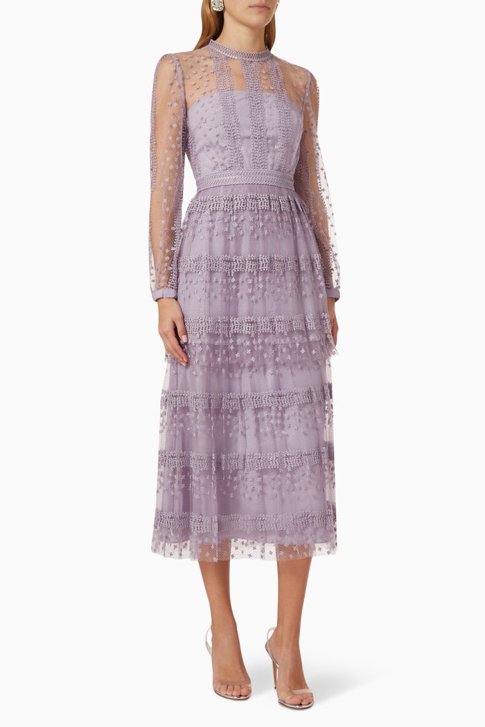 

Tiered Midi Dress in Lace, Purple