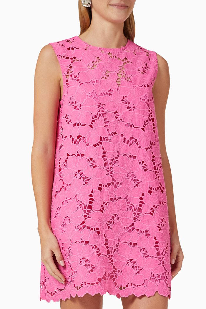

Scalloped Hem Mini Dress in Cotton-lace, Pink