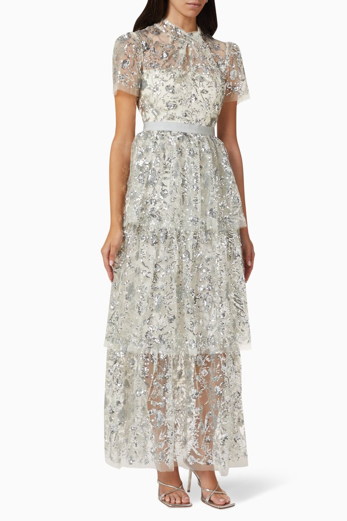 

Tiered Maxi Dress in Sequin-tulle, Neutral