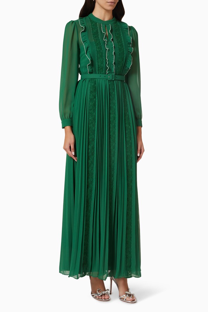 

Rhinestone-trim Pleated Maxi Dress in Chiffon, Green