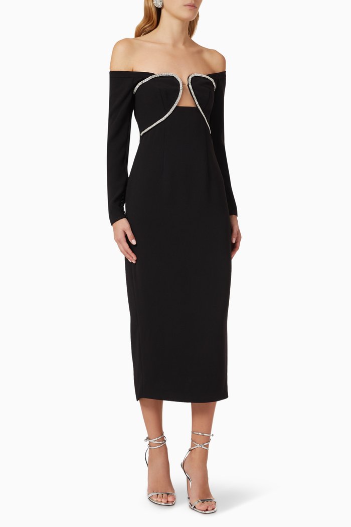 

Off-shoulder Midi Dress in Crepe, Black