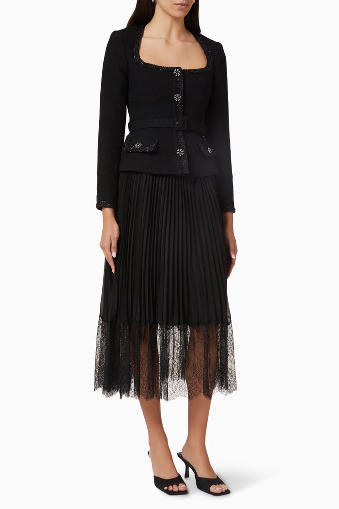 

Tailored Bodice Midi Dress in Textured-wool, Black