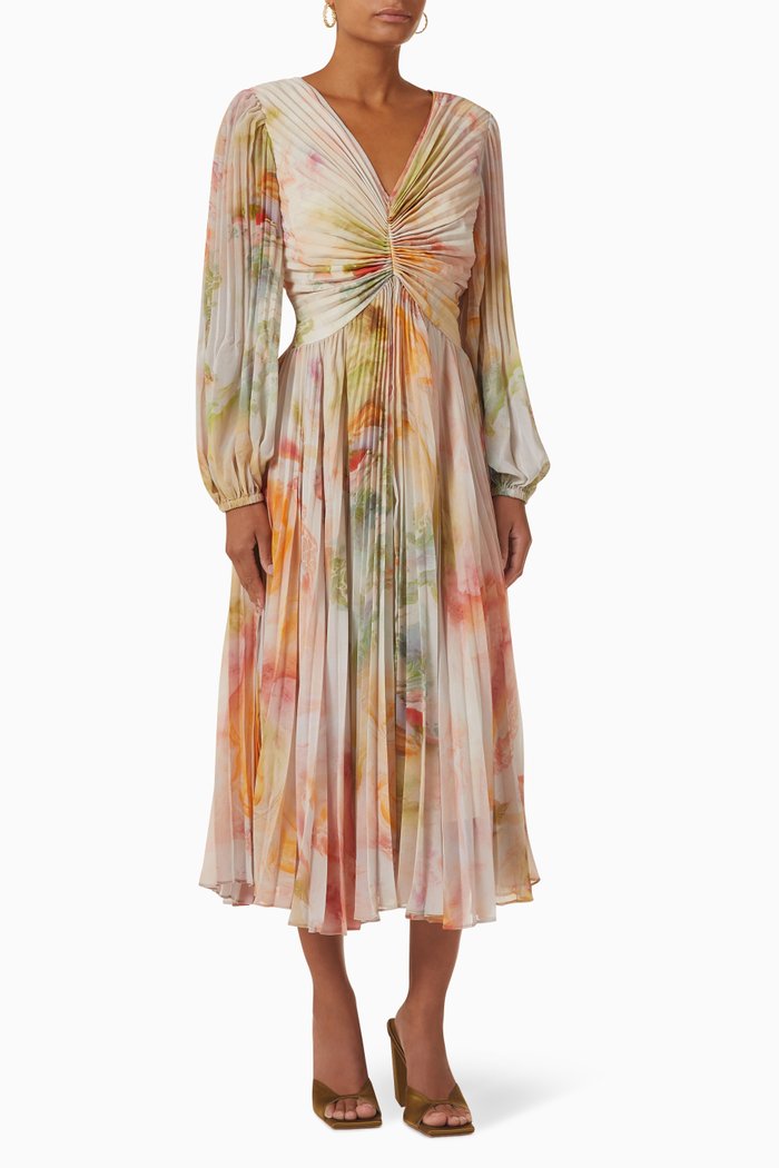 Sunrise Pleated Midi Dress in Recycled Fabric, Multicolour