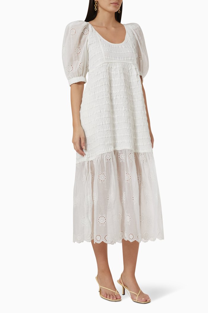

Blaine Eyelet Smocked Midi Dress in Cotton, White