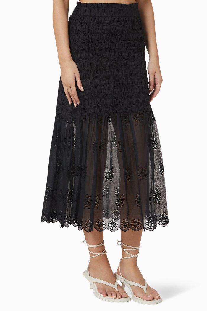 

Blaine Eyelet Smocked Midi Skirt in Cotton, Black