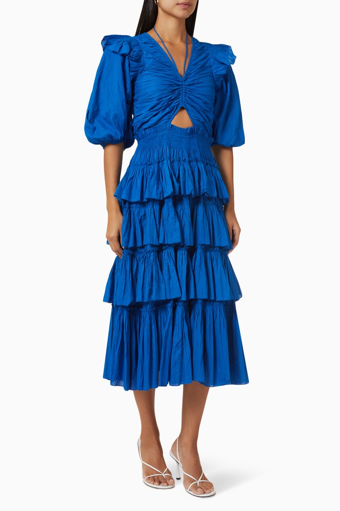 

Paco Tiered Midi Dress in Cotton, Blue