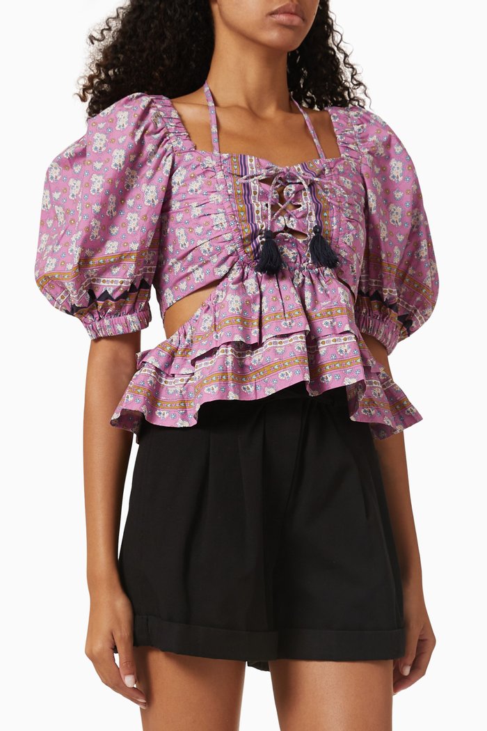 

Perry Printed Cut-out Top in Cotton, Purple