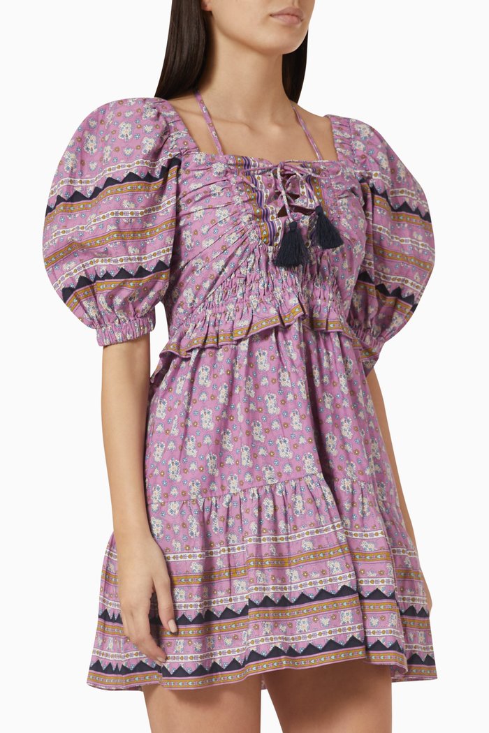 

Perry Smocked Mini Dress in Cotton, Purple