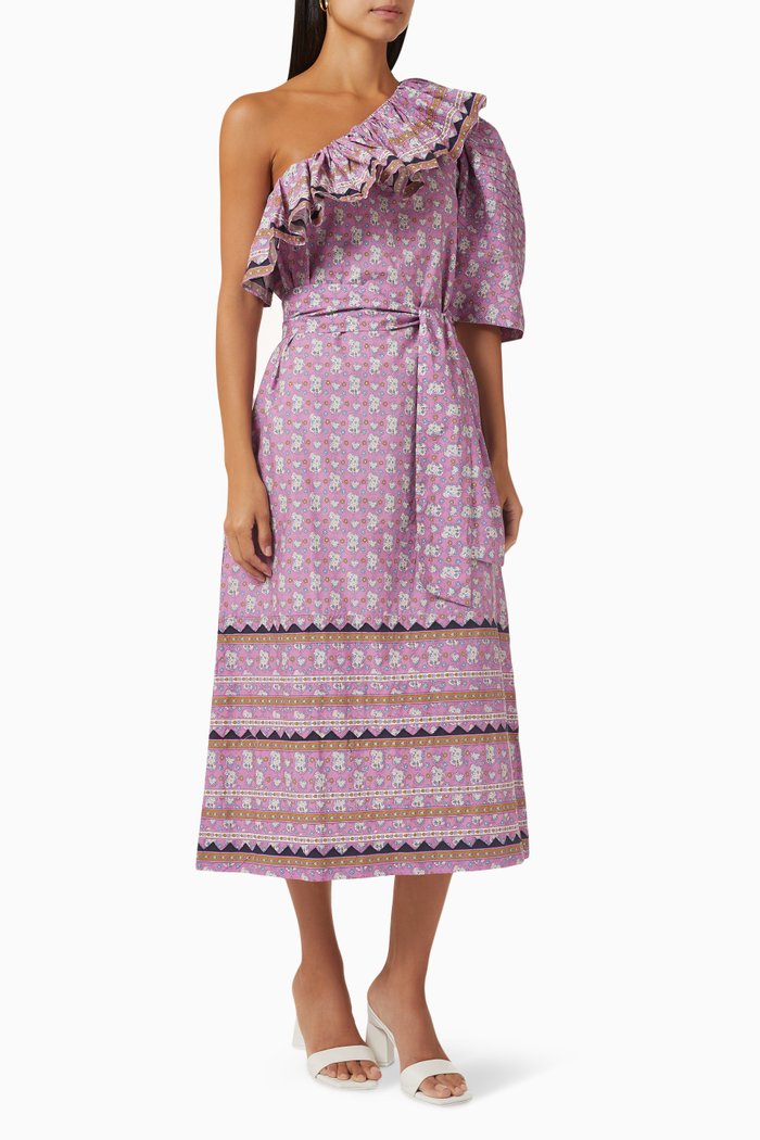 The Perry One-shoulder Midi Dress in Cotton, Purple
