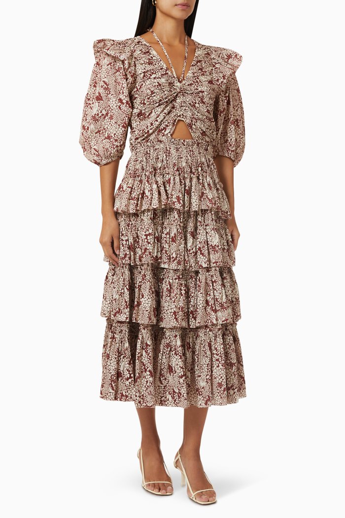 

Priya Floral-print Tiered Midi Dress in Cotton, Multicolour