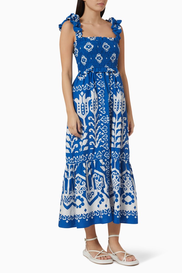 

Sonia Smocked Midi Dress in Cotton, Blue