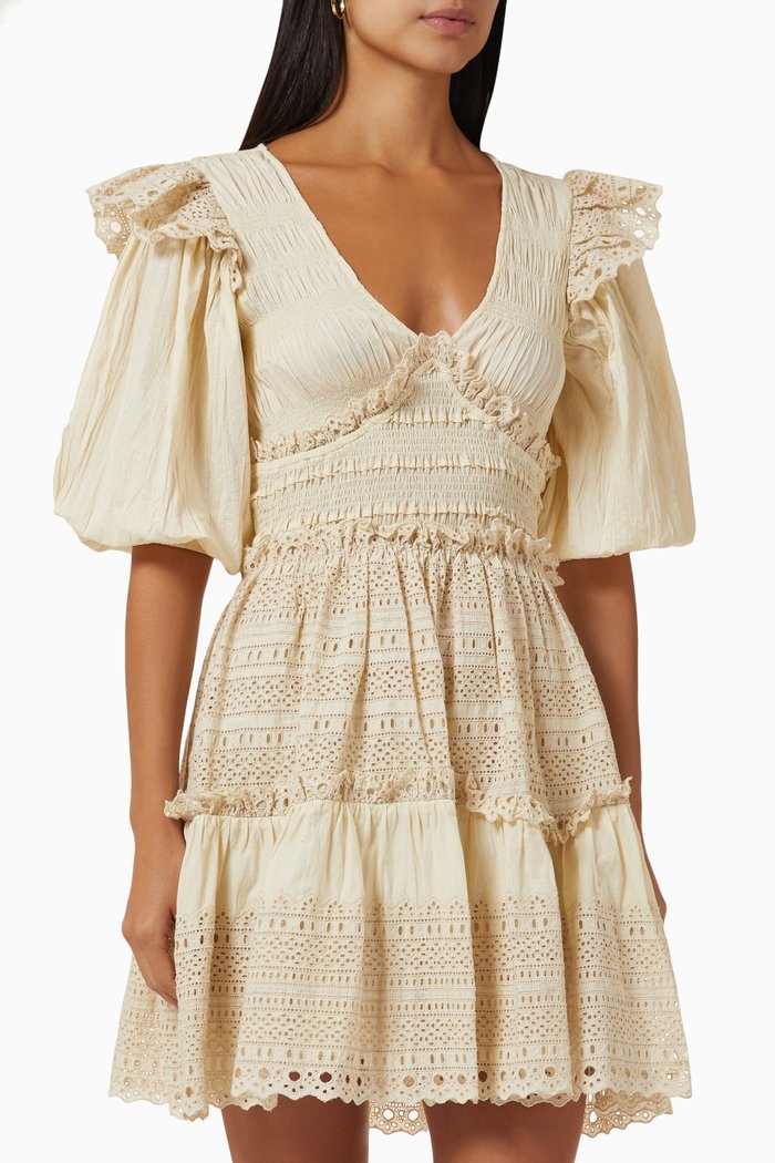 

Marley Smocked Mini Dress in Cotton, Neutral