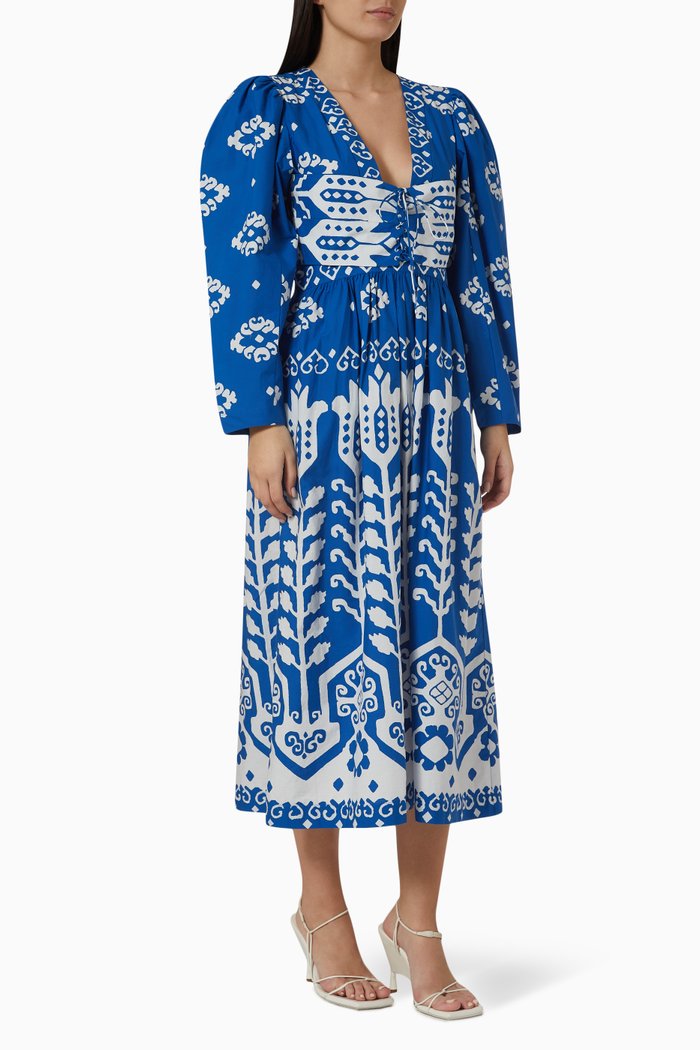 Sonia Printed Midi Dress in Cotton, Blue