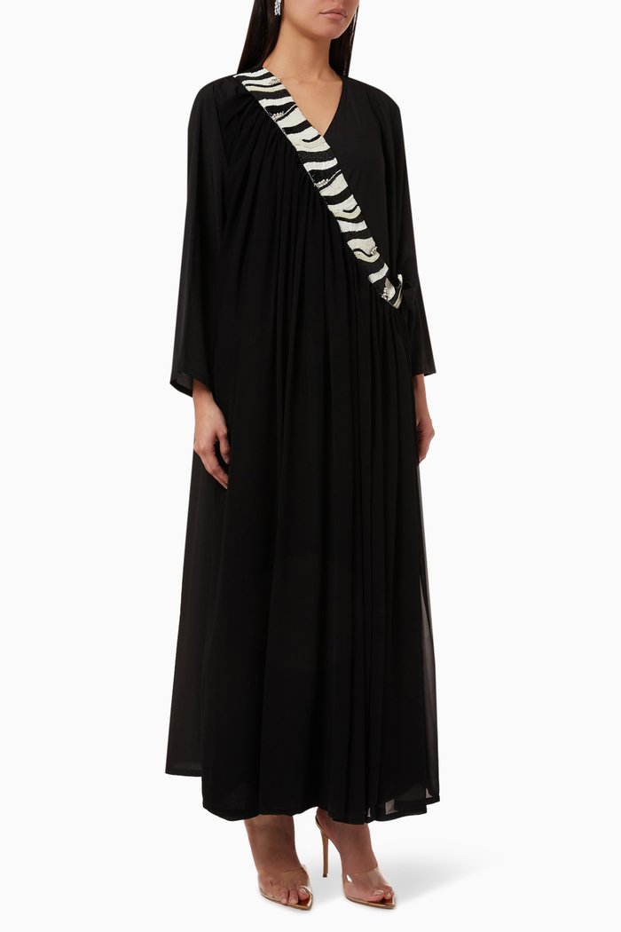 

Embellished Side-wrap Abaya in Cotton, Black