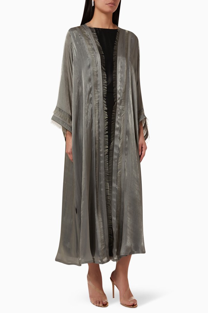 

Fringe Trim Abaya Set in Organza, Grey