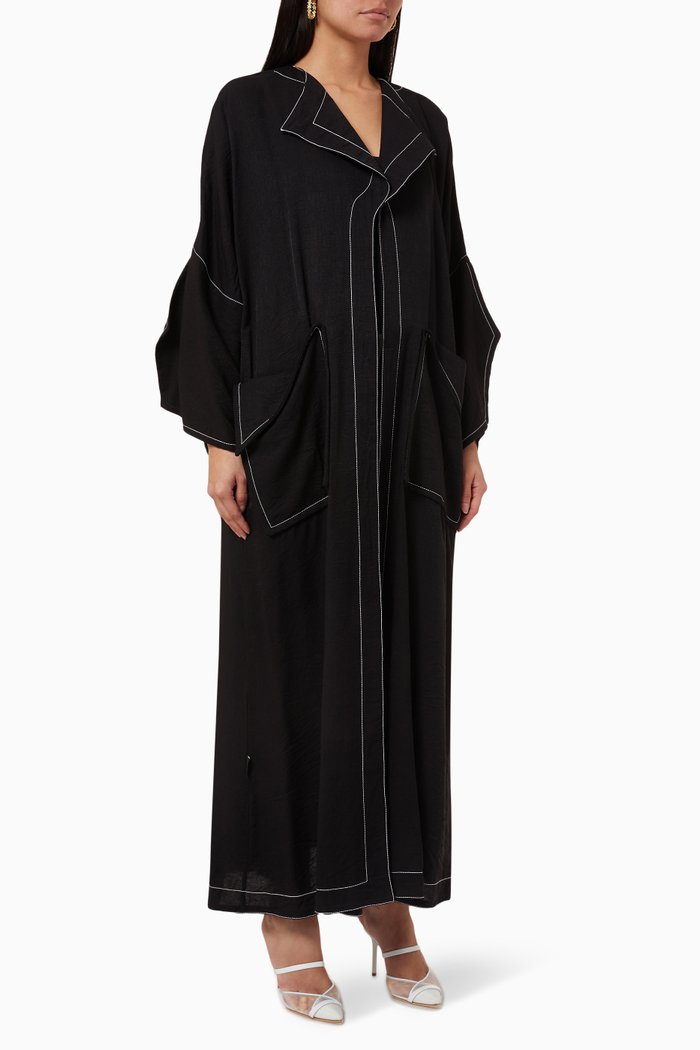 

Contrast-stitch Pocket Abaya in Linen, Black