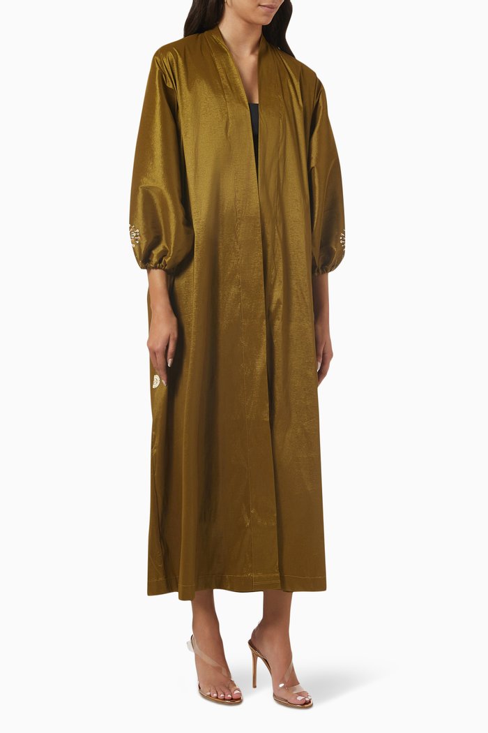 

Floral-embroidered Abaya in Satin, Green