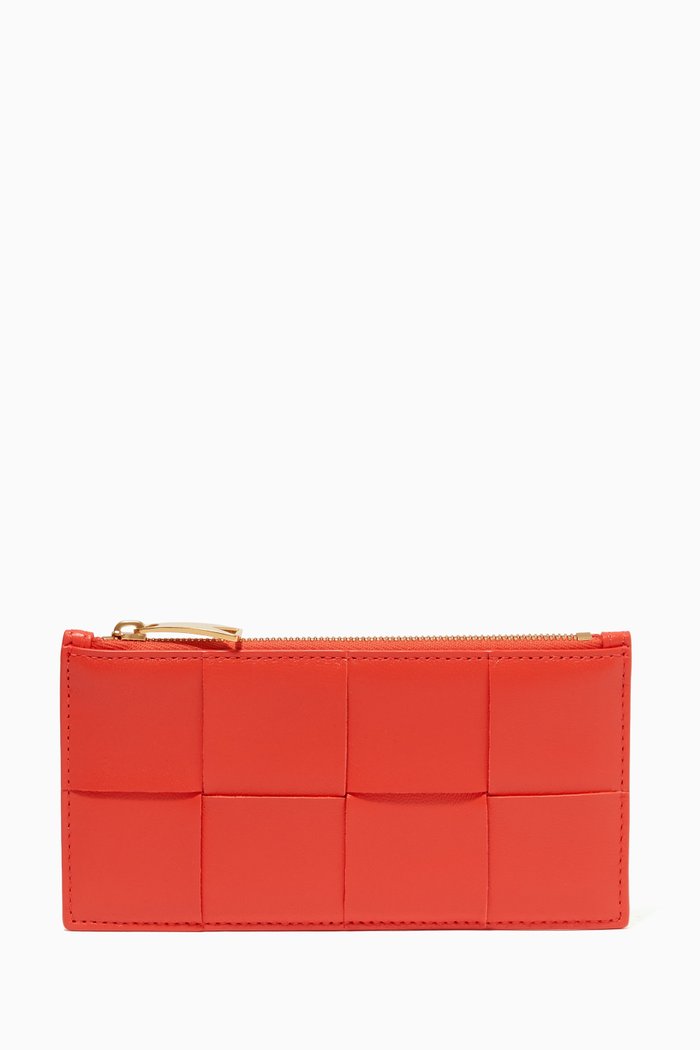 

Zipped Card Case in Intreccio Leather, Orange