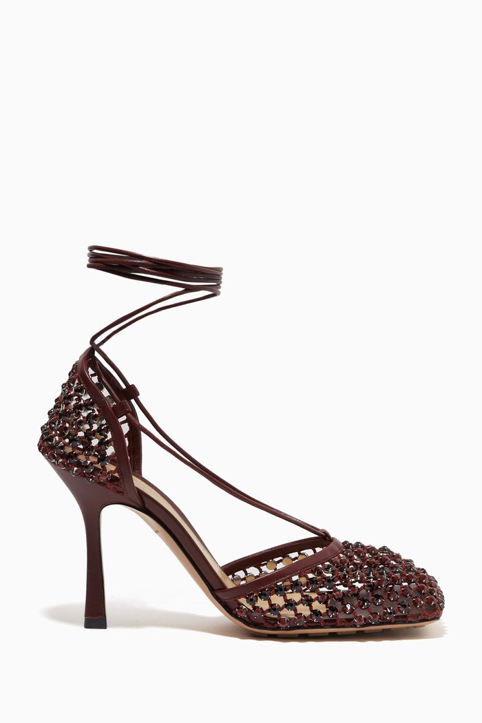

Sparkle Stretch Sandals in Leather & Mesh, Burgundy