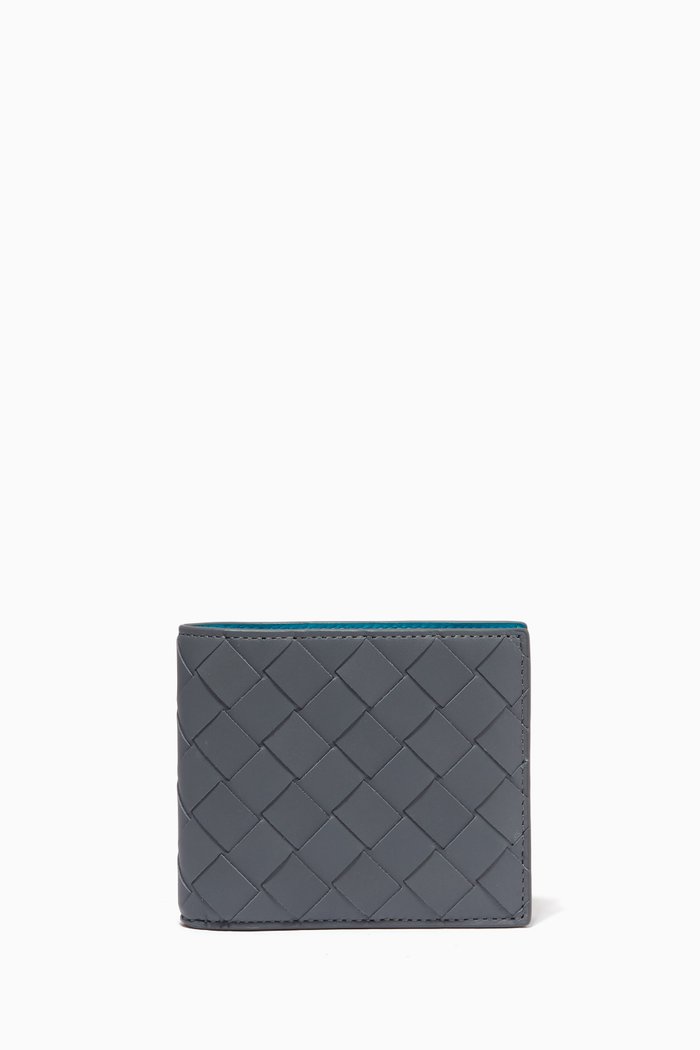 Bi-fold Wallet in Intrecciato Leather, Grey