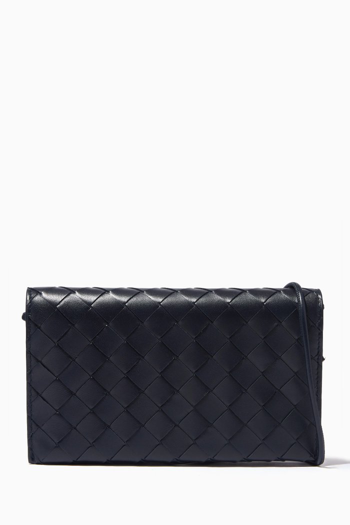 

Wallet on Strap in Intrecciato Leather, Blue