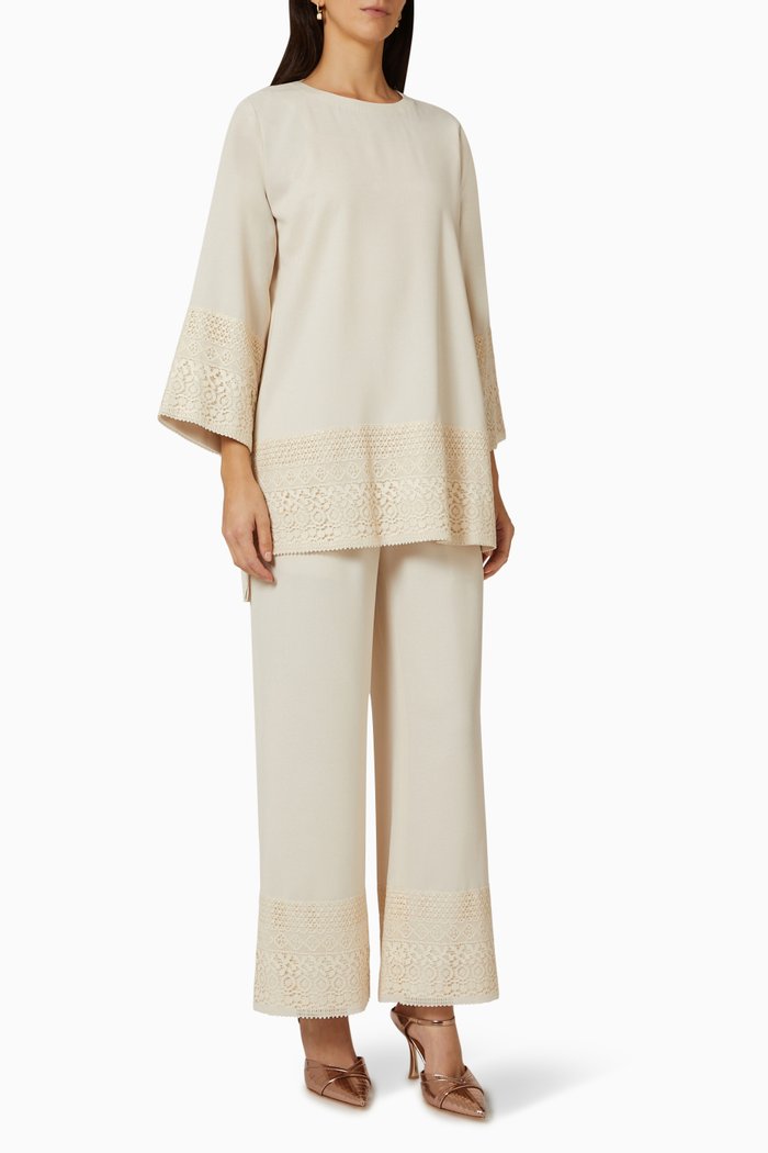 

Lace-trim Top & Pants Set, Neutral