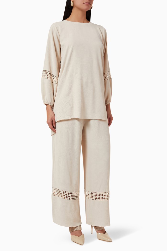 

Lace-trim Top & Pants Set, Neutral